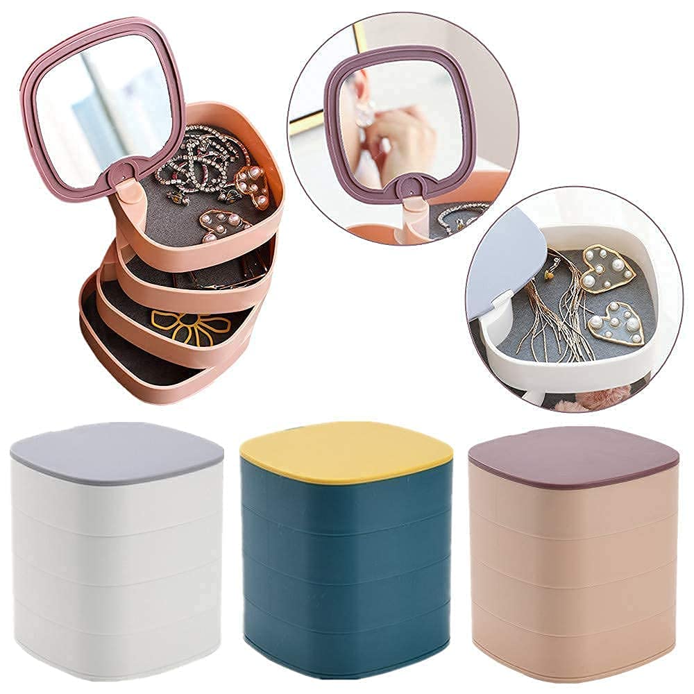 Rotating Jewelry Box, 4 Layer Jewelry Organizer with Built-in Mirror,