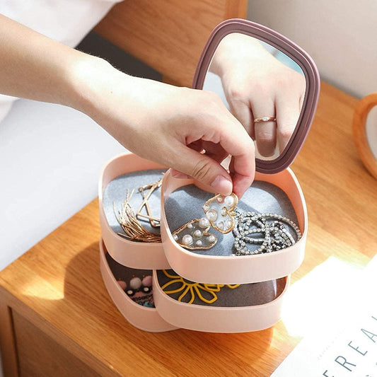 Rotating Jewelry Box, 4 Layer Jewelry Organizer with Built-in Mirror,