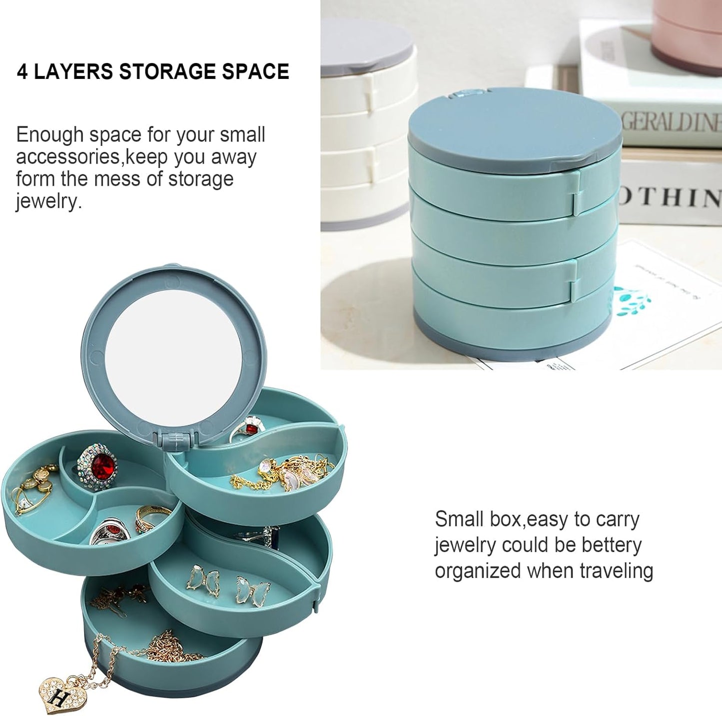 Jewelry Organizer Box, 4 Layer 360 Degree Rotating Earring Storage with Mirror,