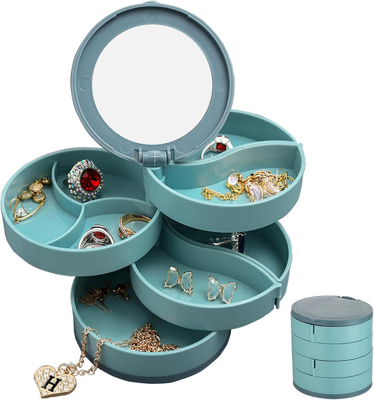 Jewelry Organizer Box, 4 Layer 360 Degree Rotating Earring Storage with Mirror,